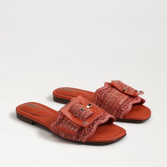Sam Edelman Bambi Slide Buckle Detail Sandal Orange Raffia Size 7.5 - Picture 2 of 8